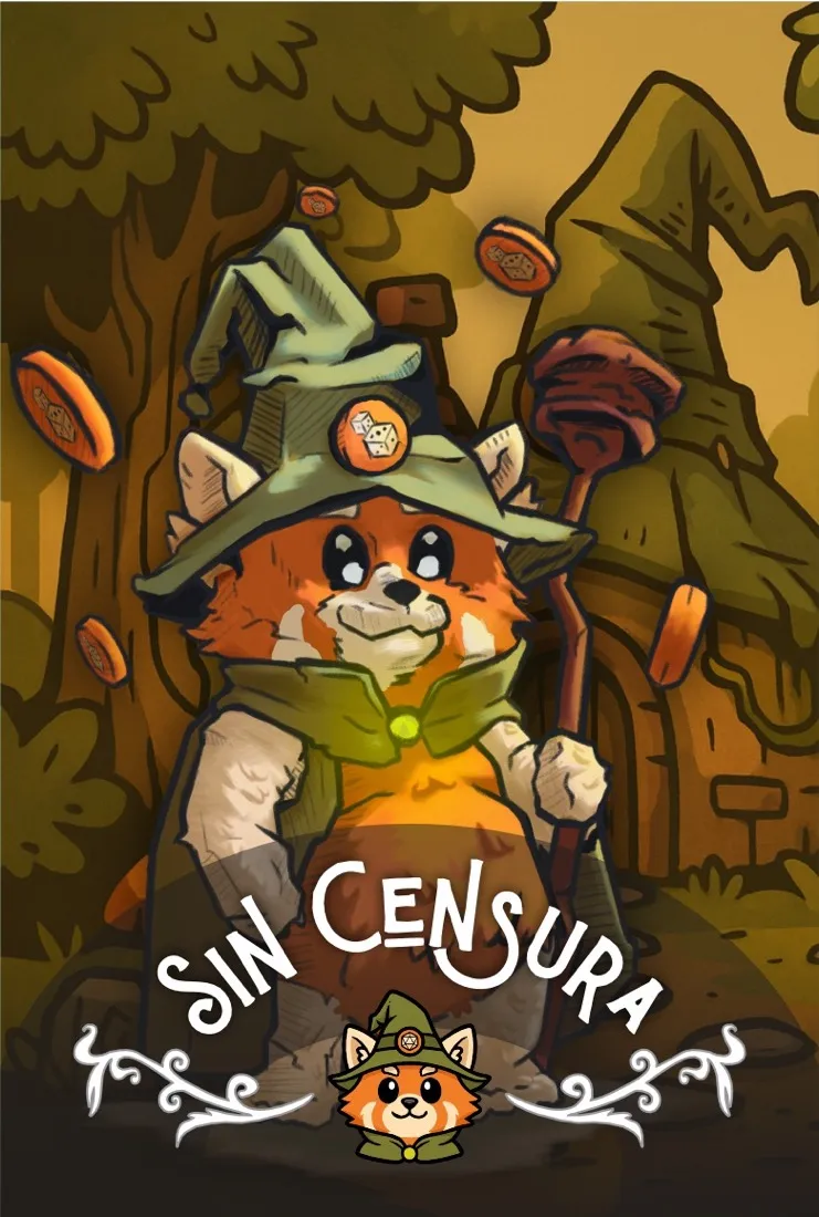 Ilustración de Kumi, la mascota de Sin Censura: un pequeño oso rojo con sombrero y báculo de mago, rodeado de monedas